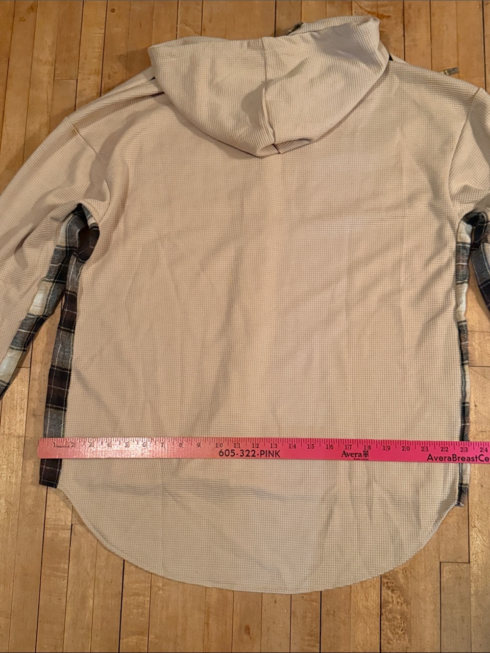 Beige Button-Up Hooded Top with Dark Plaid Trim